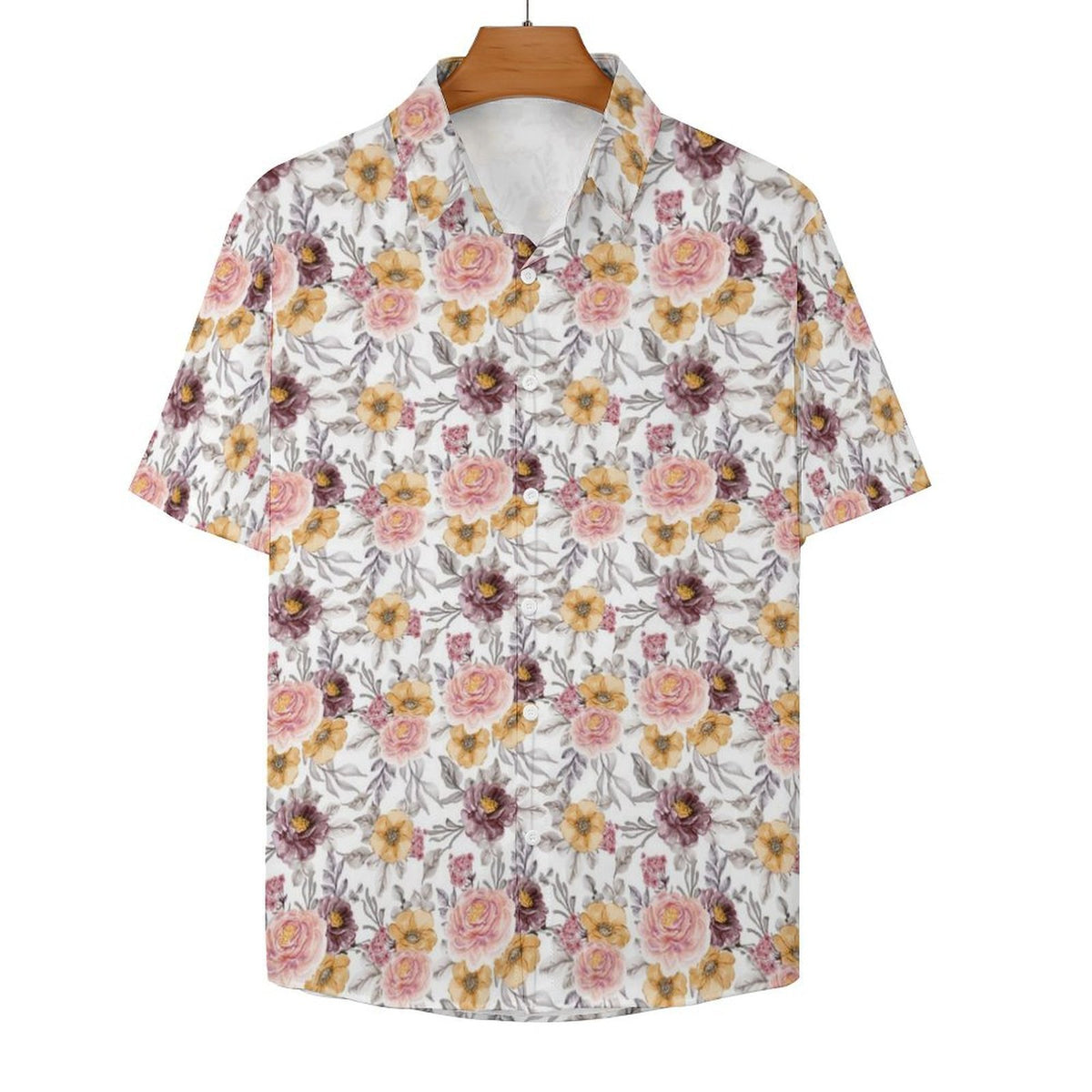 Painted Flowers Women's Collared Pocketless Short Sleeve Shirt