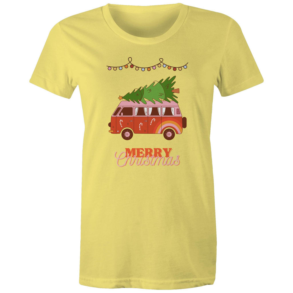 Merry Christmas, Hippy Van - Womens T-shirt Yellow Womens Christmas T-shirt Christmas Printed In Australia