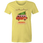 Merry Christmas, Hippy Van - Womens T-shirt Yellow Womens Christmas T-shirt Christmas Printed In Australia