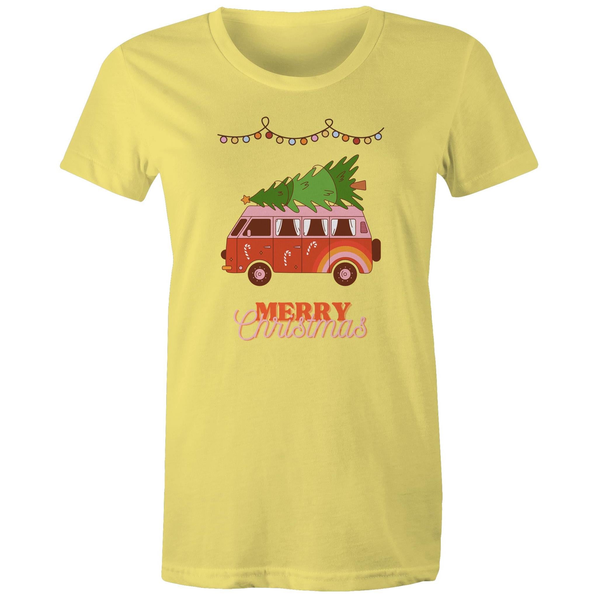 Merry Christmas, Hippy Van - Womens T-shirt Yellow Womens Christmas T-shirt Christmas Printed In Australia
