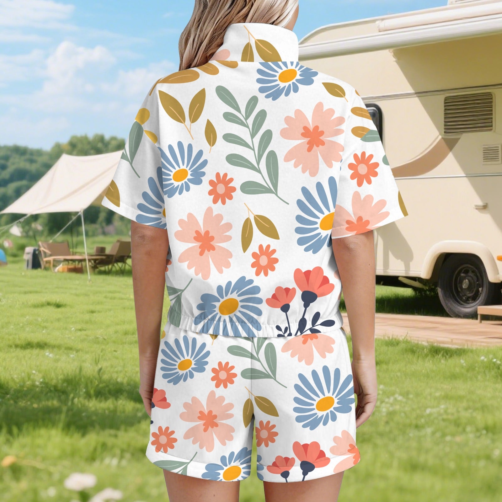 Large Boho Flowers And Leaves Women's Windbreaker Short Set Women's Windbreaker Short Set Plants Printed Offshore