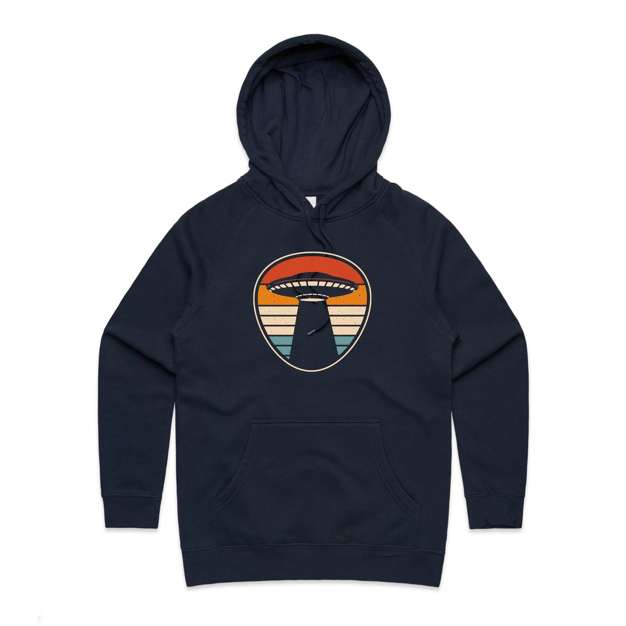 UFO, Retro Stripes - Womens Hoodie Navy Womens Hoodie Printed In Australia Sci Fi