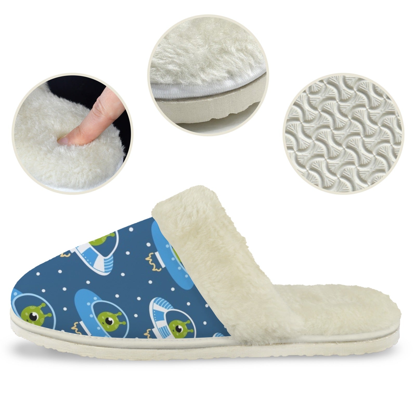 Cute Aliens in UFOs Women's Fur Trim Thick-Sole Indoor Slippers Women's Fur Trimmed Slippers Printed Offshore Sci Fi