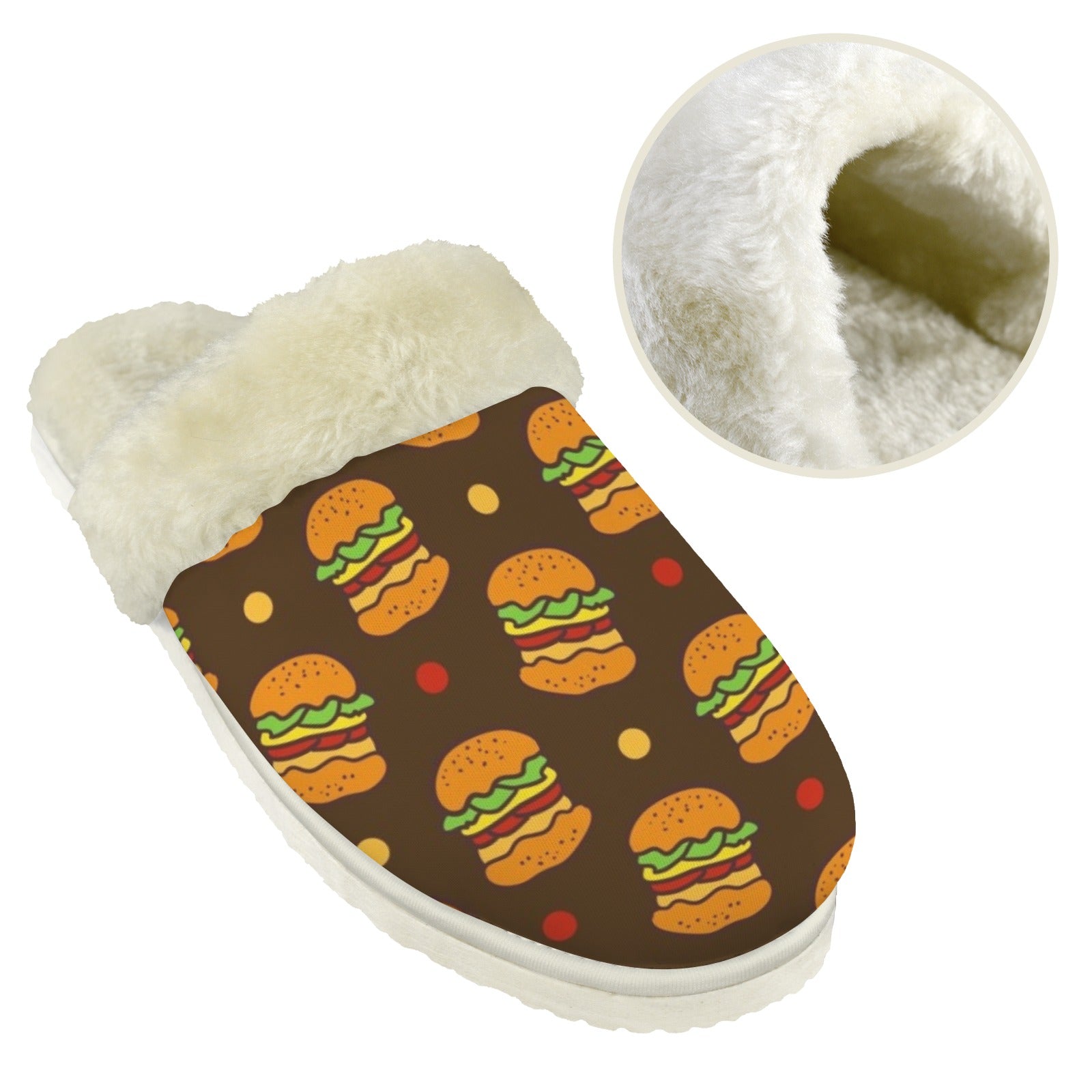 Burgers Men's Fur Trim Thick-Sole Indoor Slippers Men's Fur Trimmed Slippers Food Printed Offshore