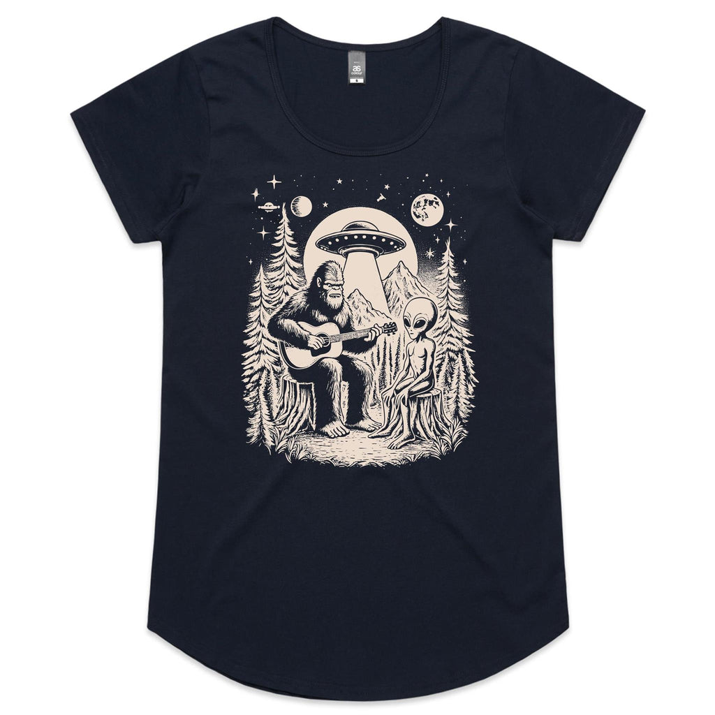 Alien And Bigfoot Playing Guitar - Womens Scoop Neck T-Shirt Navy