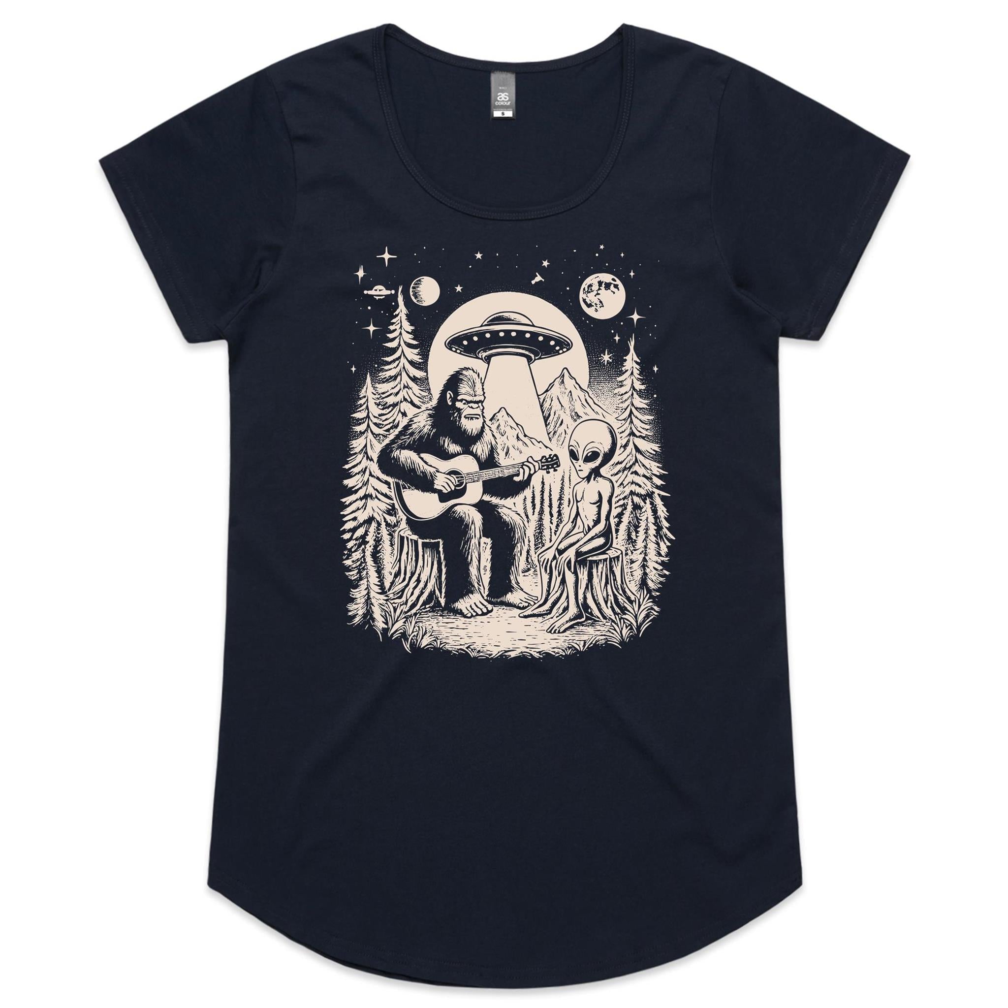 Alien And Bigfoot Playing Guitar - Womens Scoop Neck T-Shirt Navy