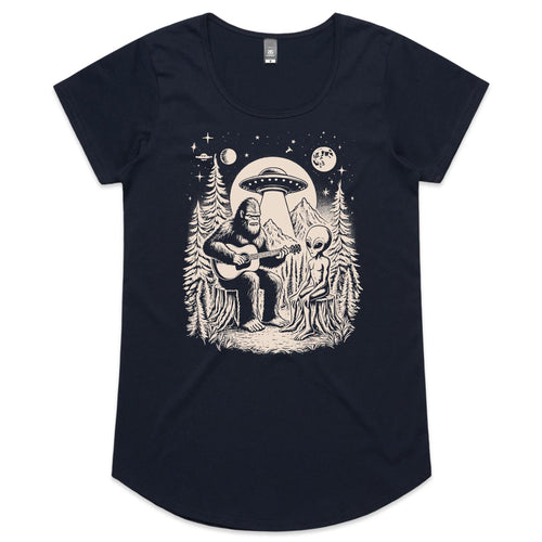 Alien And Bigfoot Playing Guitar - Womens Scoop Neck T-Shirt Navy