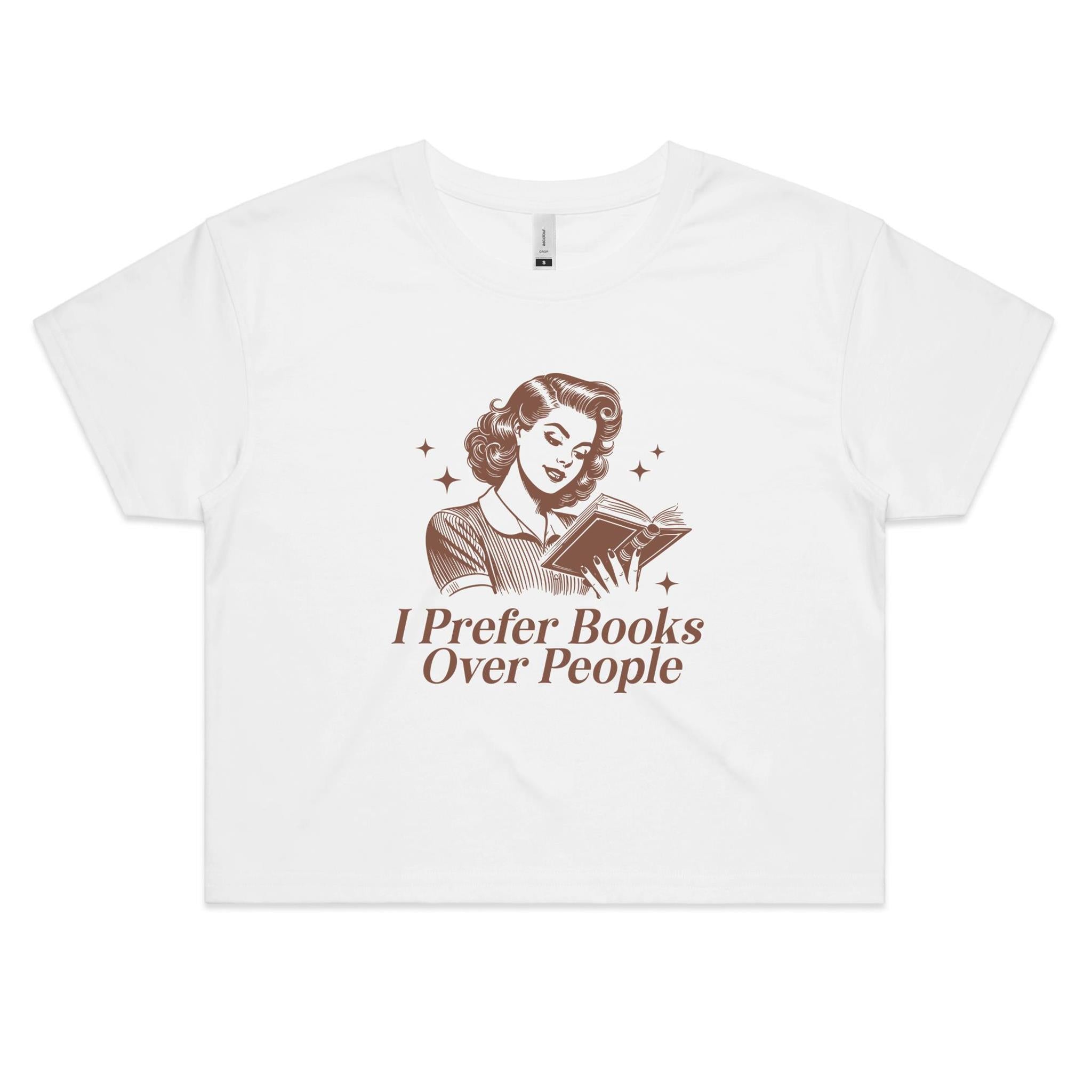 I Prefer Books Over People Women's AS Colour Crop Tee White Printed In Australia Reading