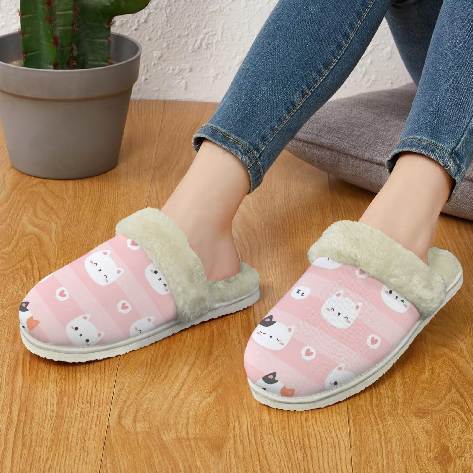 Pink Cats Women's Fur Trim Thick-Sole Indoor Slippers Women's Fur Trimmed Slippers animal Printed Offshore