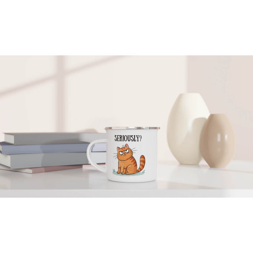 Cat Seriously? - White 12oz Enamel Mug Enamel Mug animal Globally Fulfilled