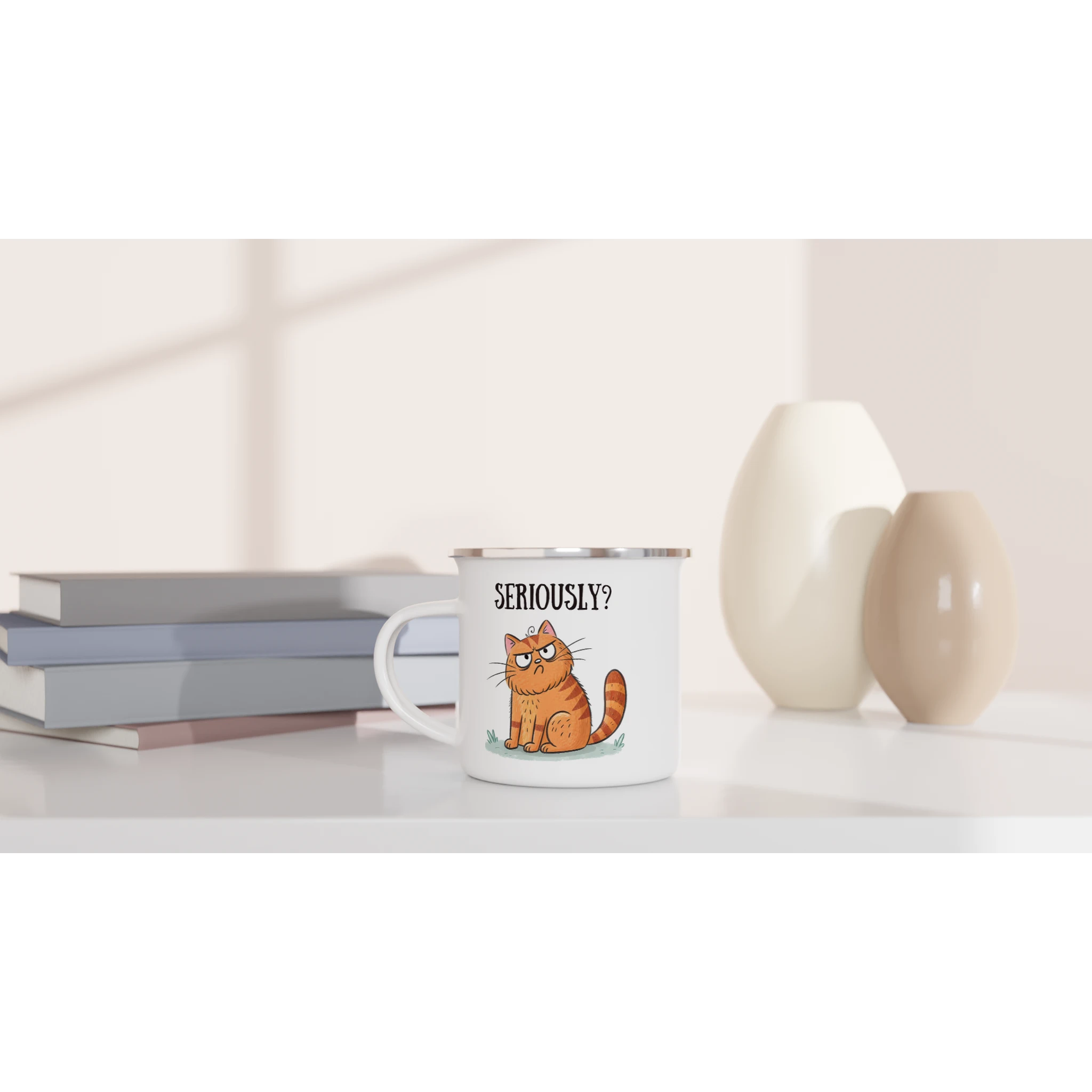 Cat Seriously? - White 12oz Enamel Mug Enamel Mug animal Globally Fulfilled