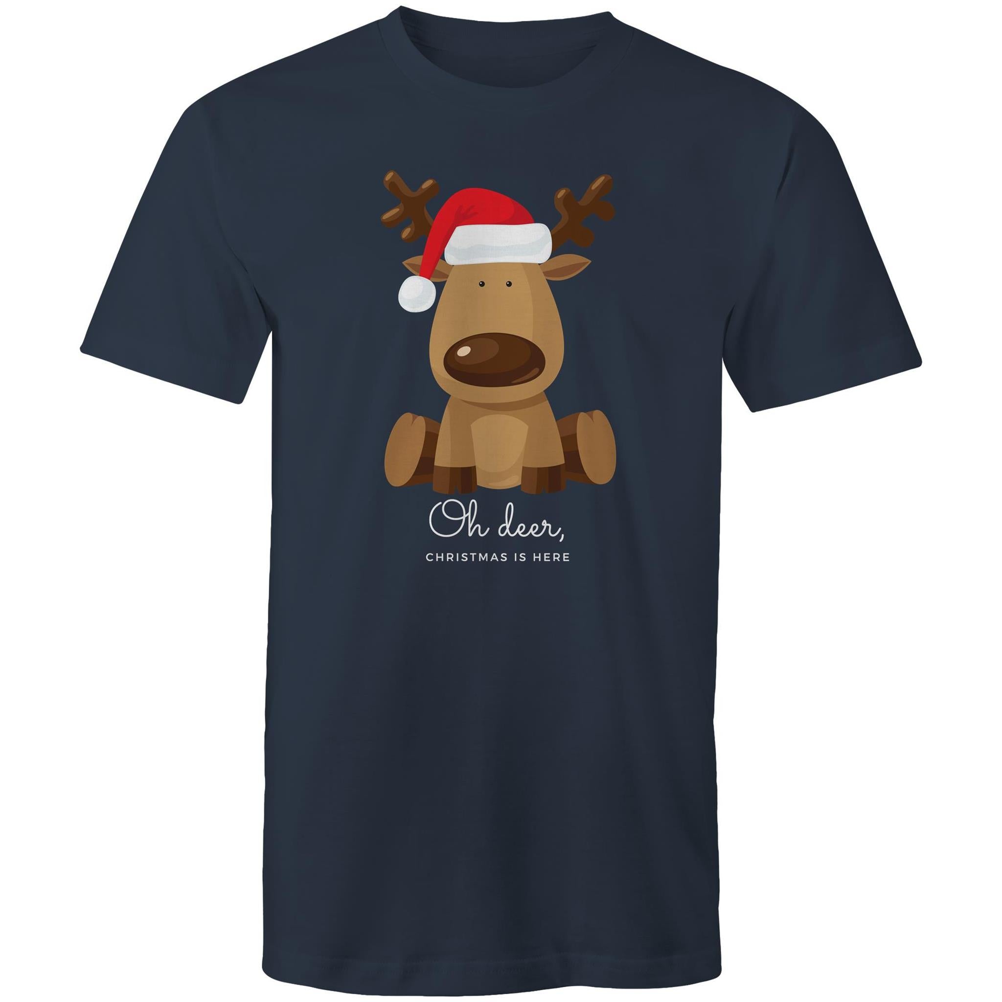 Oh Deer, Christmas Is Here, Reindeer - Mens T-Shirt Navy Mens Christmas T-shirt Christmas Printed In Australia