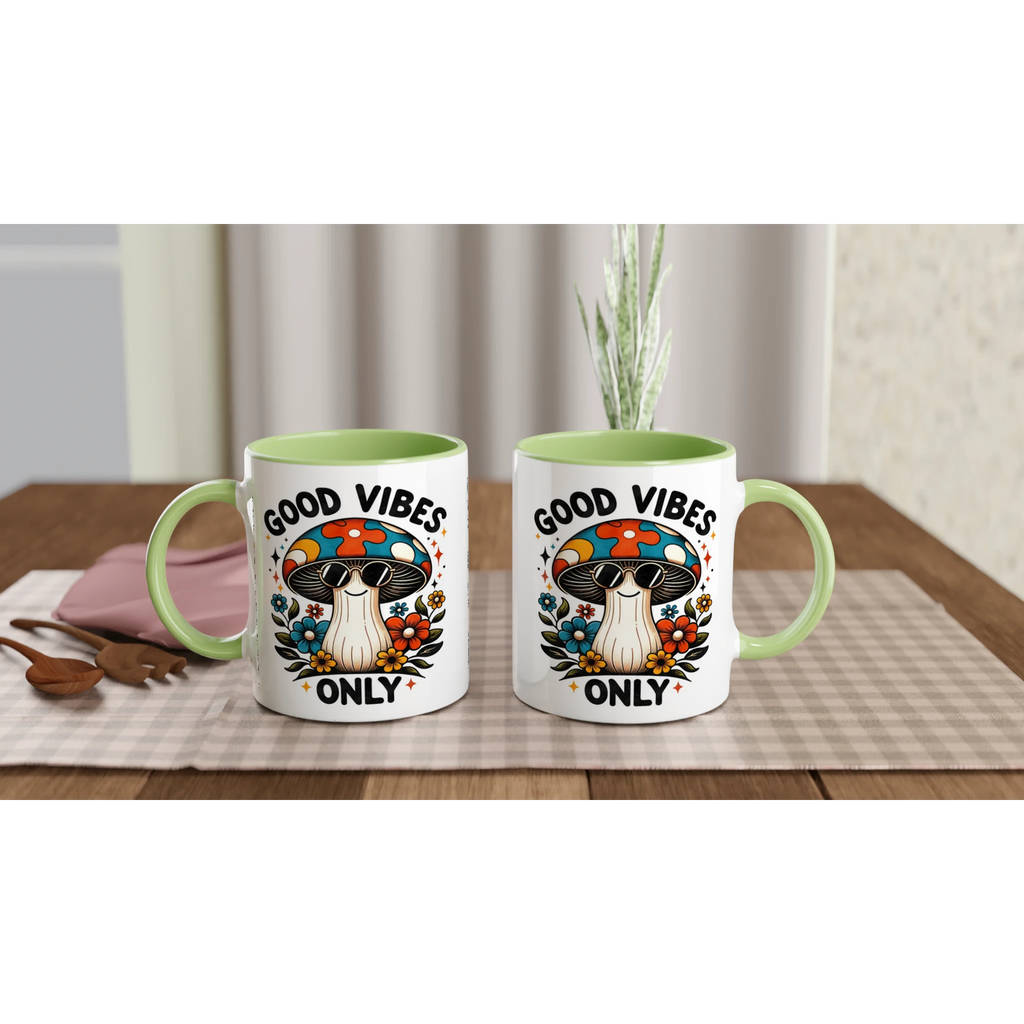 Personalised Good Vibes Only, Hippie Mushroom With Sunglasses 11oz Ceramic Mug Personalised 11oz Mug Globally Fulfilled Positivity