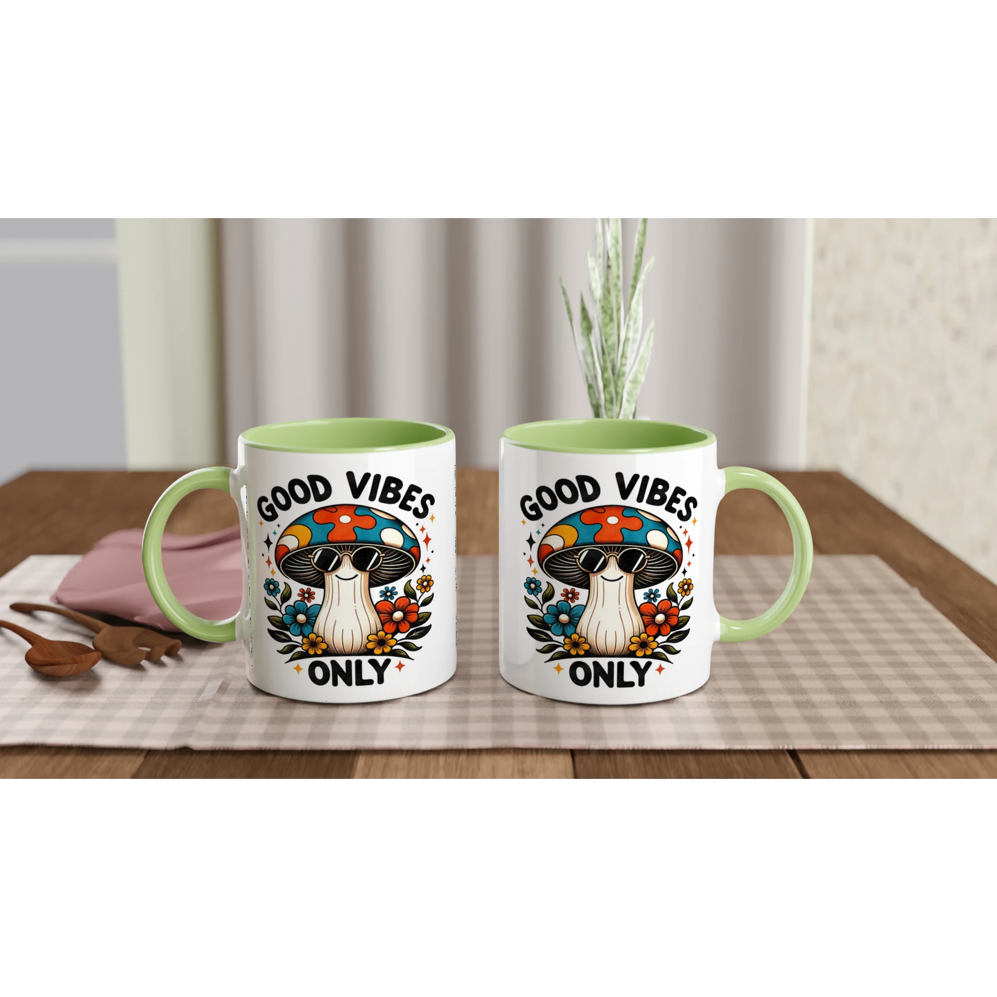 Personalised Good Vibes Only, Hippie Mushroom With Sunglasses 11oz Ceramic Mug Personalised 11oz Mug Globally Fulfilled Positivity