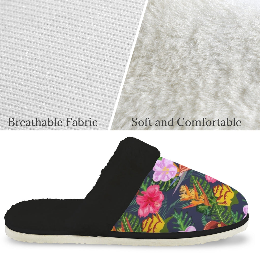 Tropical Floral Women's Fur Trim Thick-Sole Indoor Slippers Women's Fur Trimmed Slippers Plants Printed Offshore