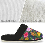 Tropical Floral Women's Fur Trim Thick-Sole Indoor Slippers Women's Fur Trimmed Slippers Plants Printed Offshore