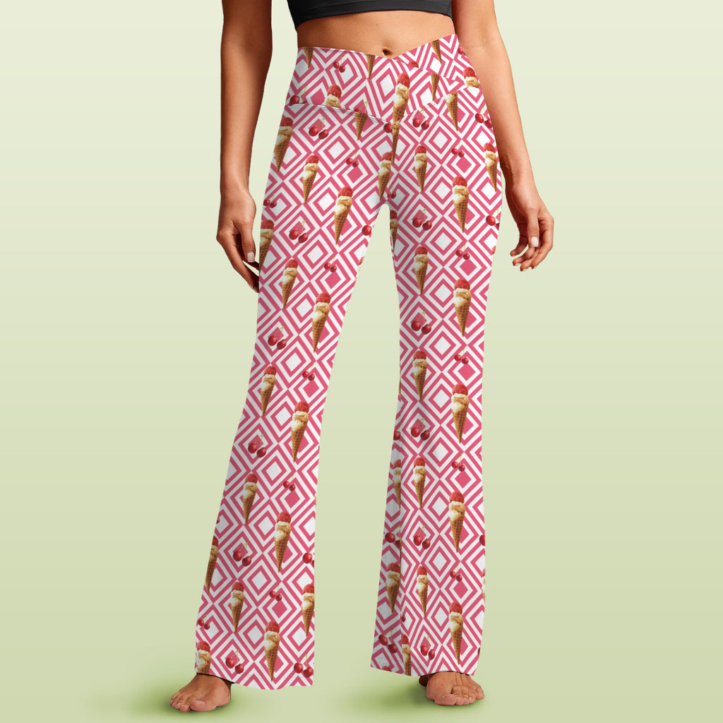 Cherry Ice-cream High Waist Crossover Tummy Control Flare Leggings 5XL High Waist Flare Leggings Food Printed Offshore