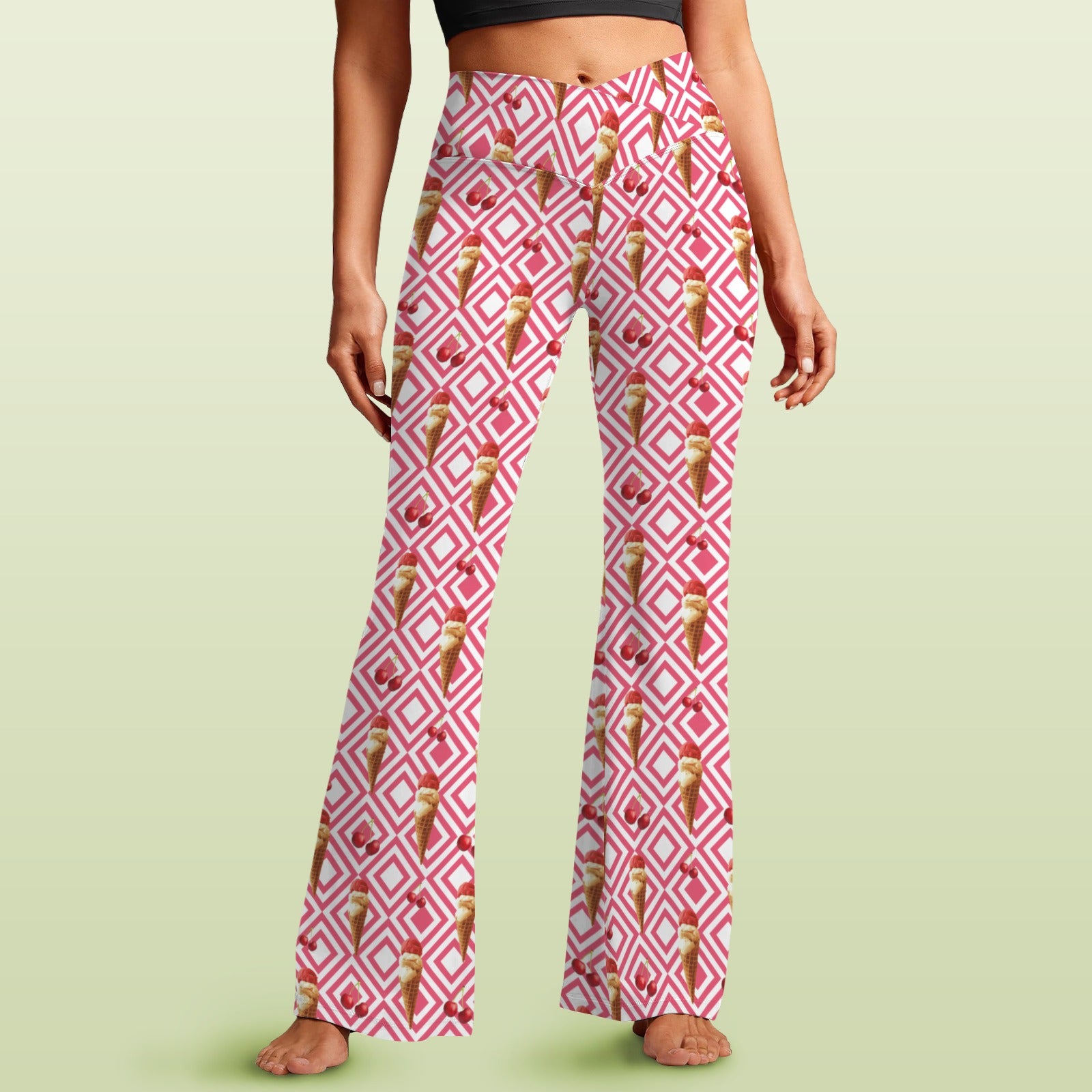 Cherry Ice-cream High Waist Crossover Tummy Control Flare Leggings 5XL High Waist Flare Leggings Food Printed Offshore