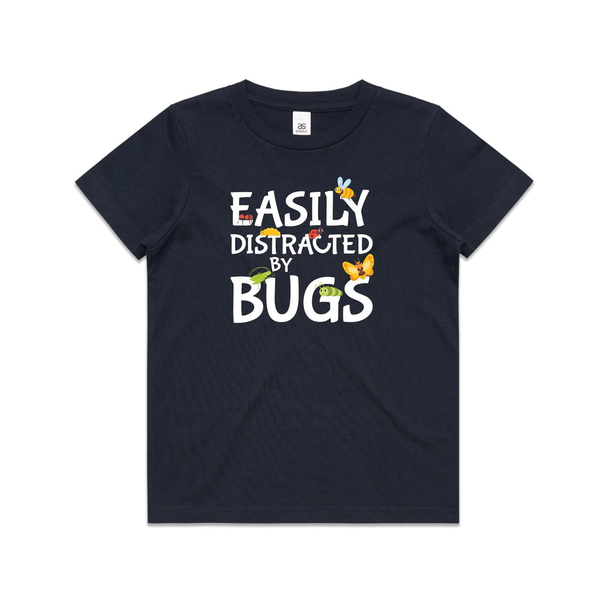 Easily Distracted By Bugs Kids AS Colour T-shirt Navy Kids Youth T-shirt Printed In Australia