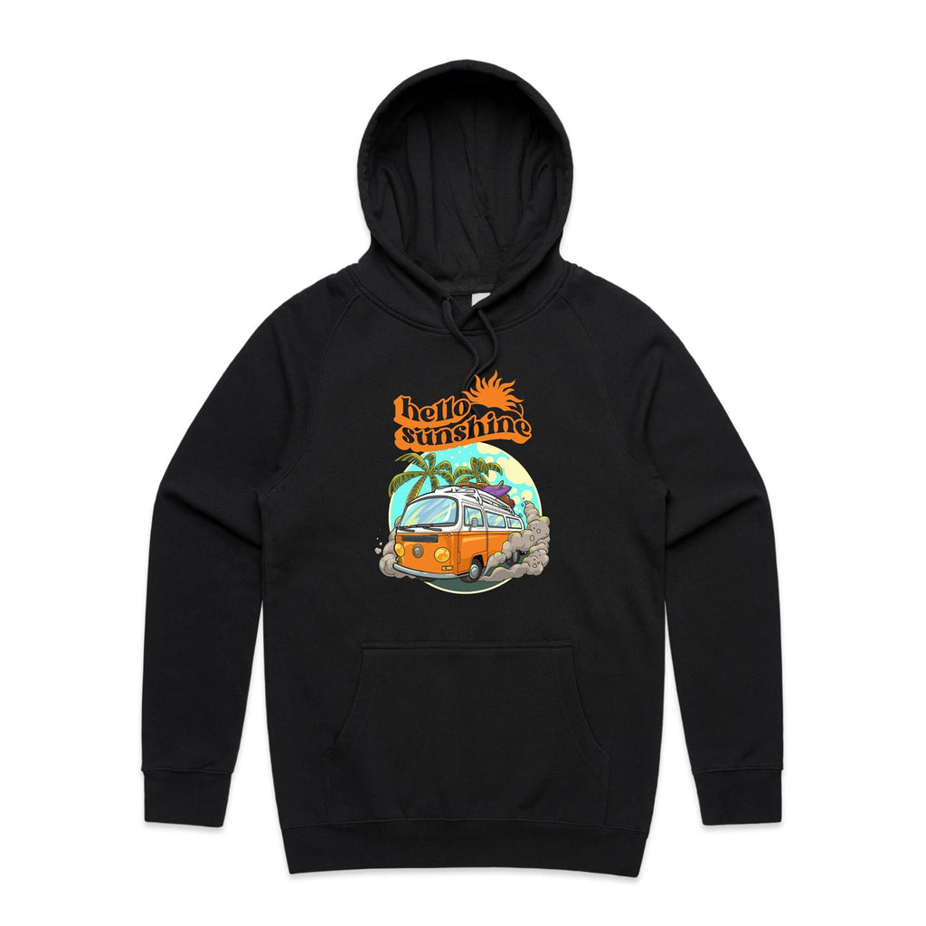 Hello Sunshine, Beach Van - Mens Hoodie Black Mens Hoodie Printed In Australia Summer
