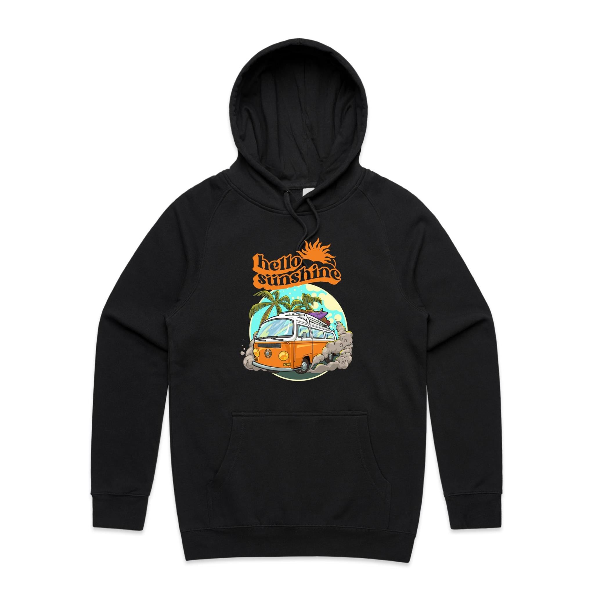 Hello Sunshine, Beach Van - Mens Hoodie Black Mens Hoodie Printed In Australia Summer