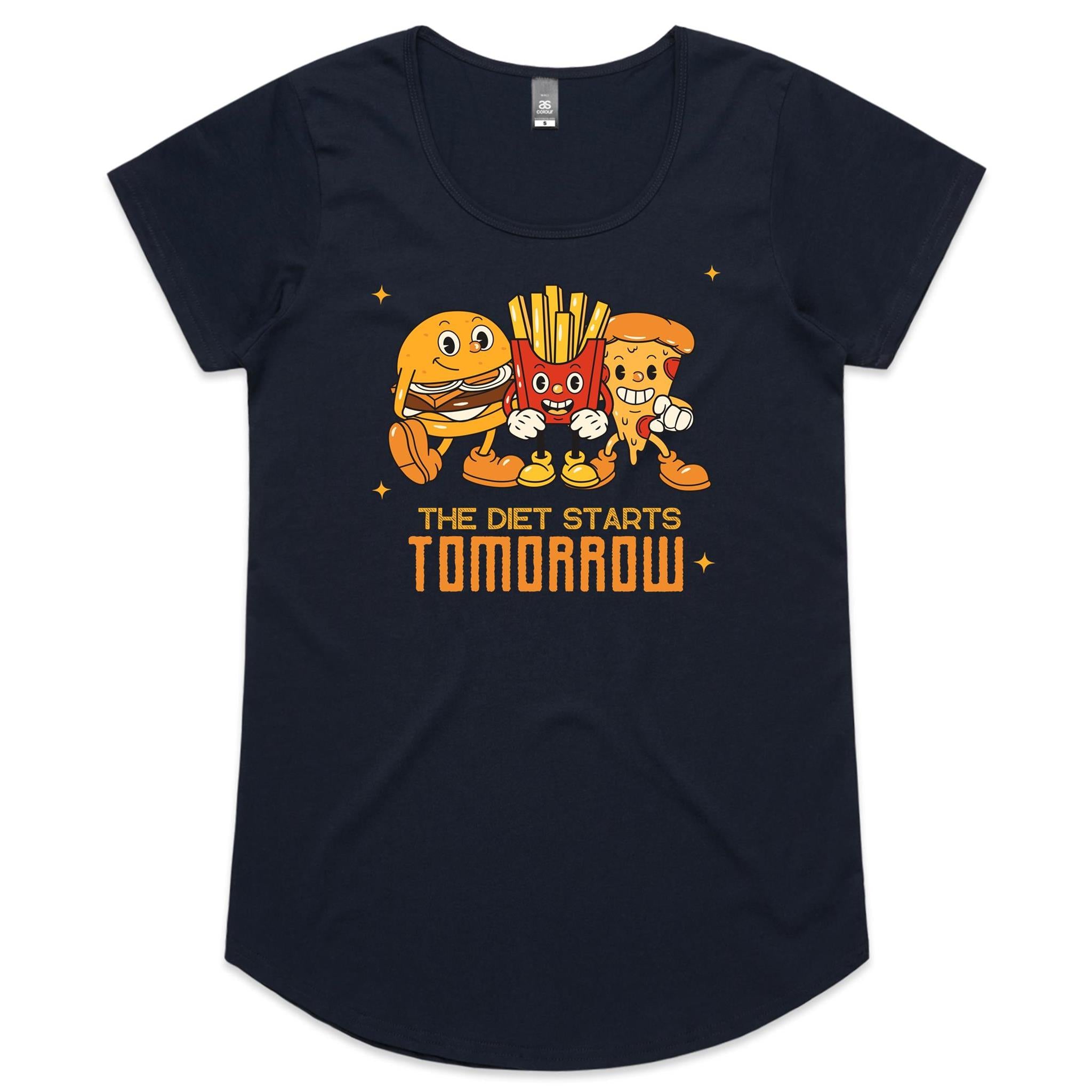The Diet Starts Tomorrow, Hamburger, Pizza, Fries - Womens Scoop Neck T-Shirt Navy Womens Scoop Neck T-shirt Food Printed In Australia
