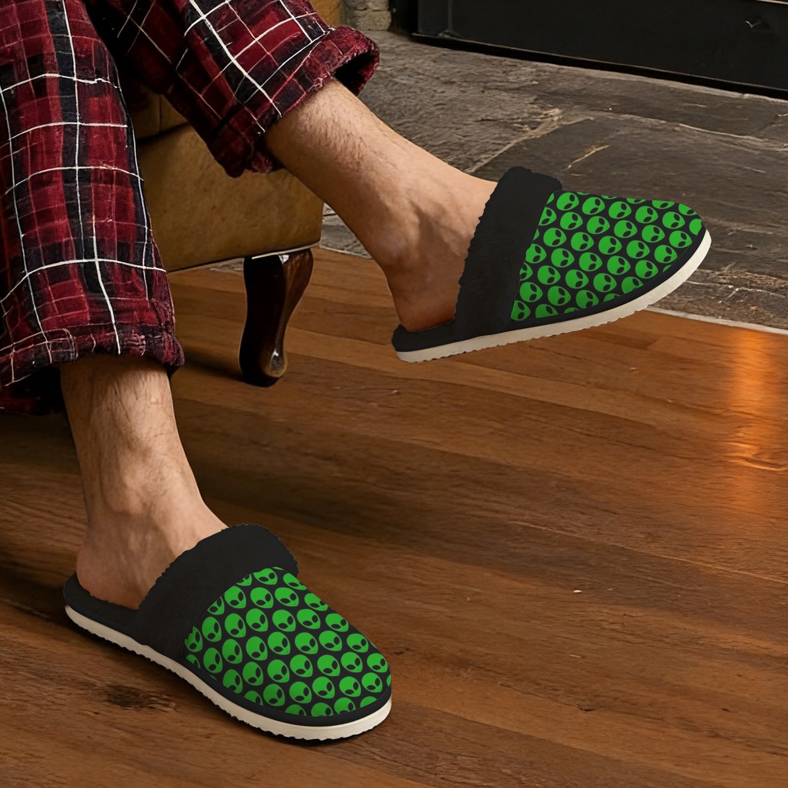 Aliens Men's Fur Trim Thick-Sole Indoor Slippers Men's Fur Trimmed Slippers Printed Offshore Sci-Fi