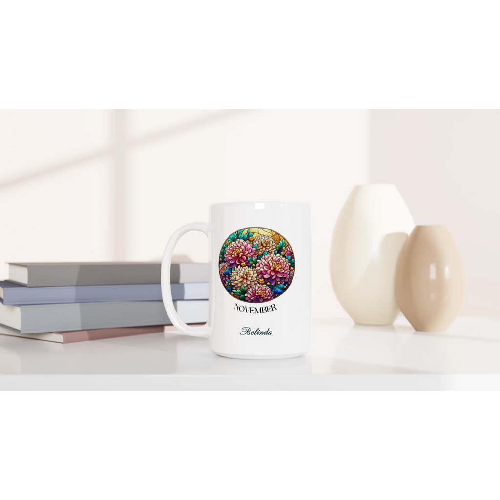 Personalise - Stained Glass Birth Month Flowers - White 15oz Ceramic Mug Personalised 15oz Mug Birthday customise Globally Fulfilled Name personalise Plants