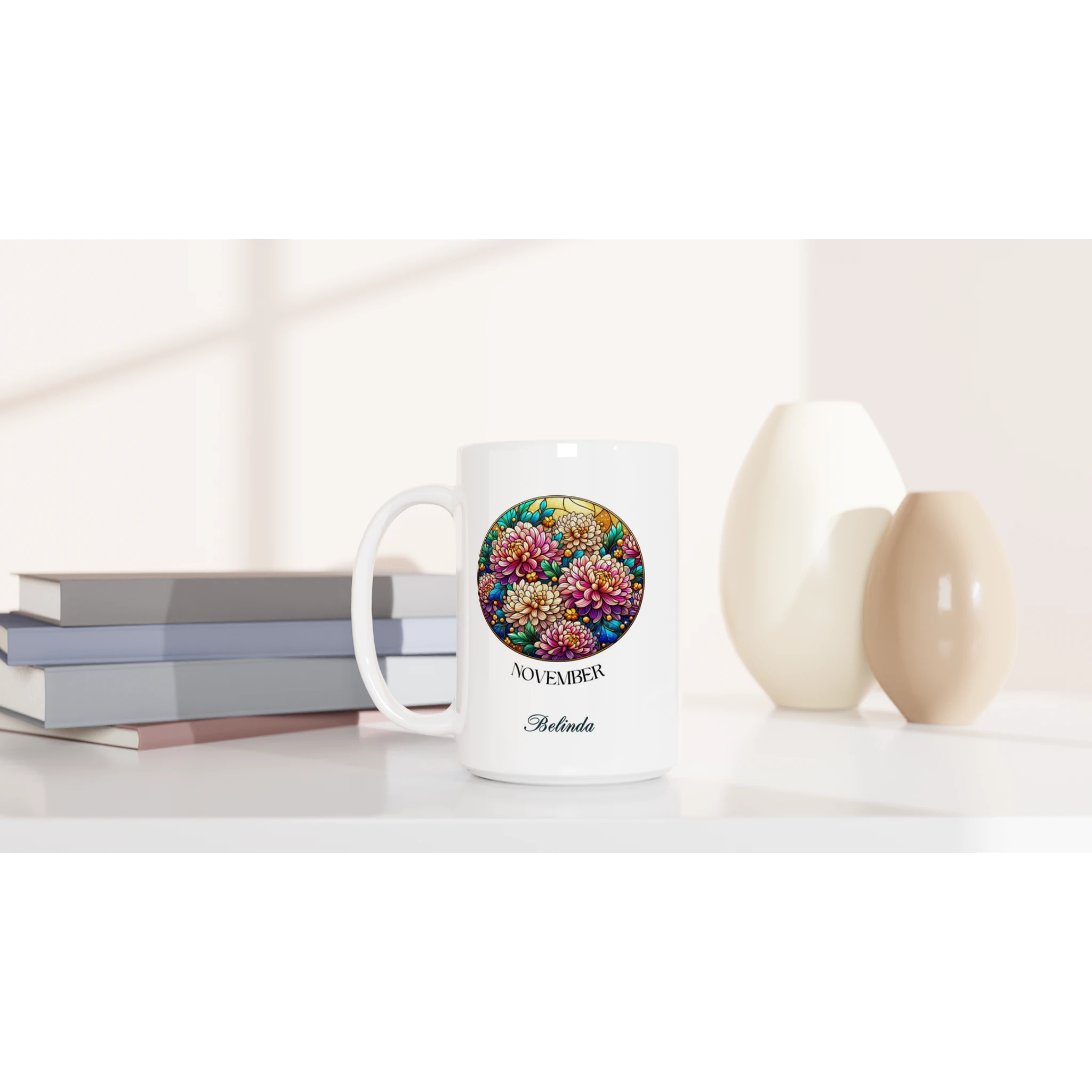 Personalise - Stained Glass Birth Month Flowers - White 15oz Ceramic Mug Personalised 15oz Mug Birthday customise Globally Fulfilled Name personalise Plants