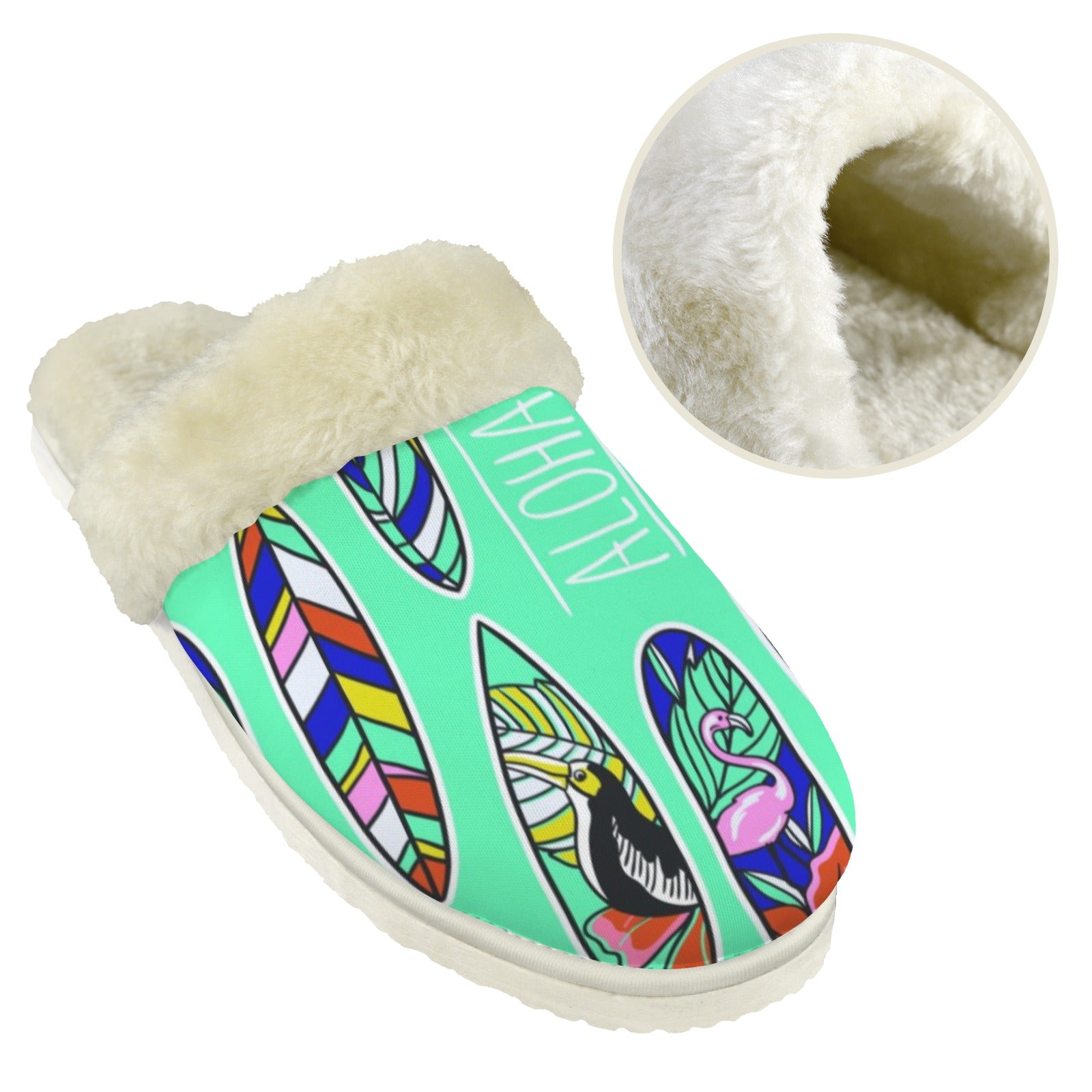 Aloha Surfboards Men's Fur Trim Thick-Sole Indoor Slippers Men's Fur Trimmed Slippers Printed Offshore Surf