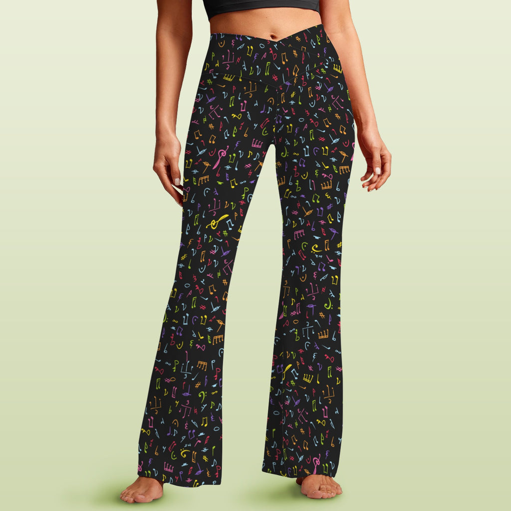 Music Notes High Waist Crossover Tummy Control Flare Leggings 5XL High Waist Flare Leggings Music Printed Offshore