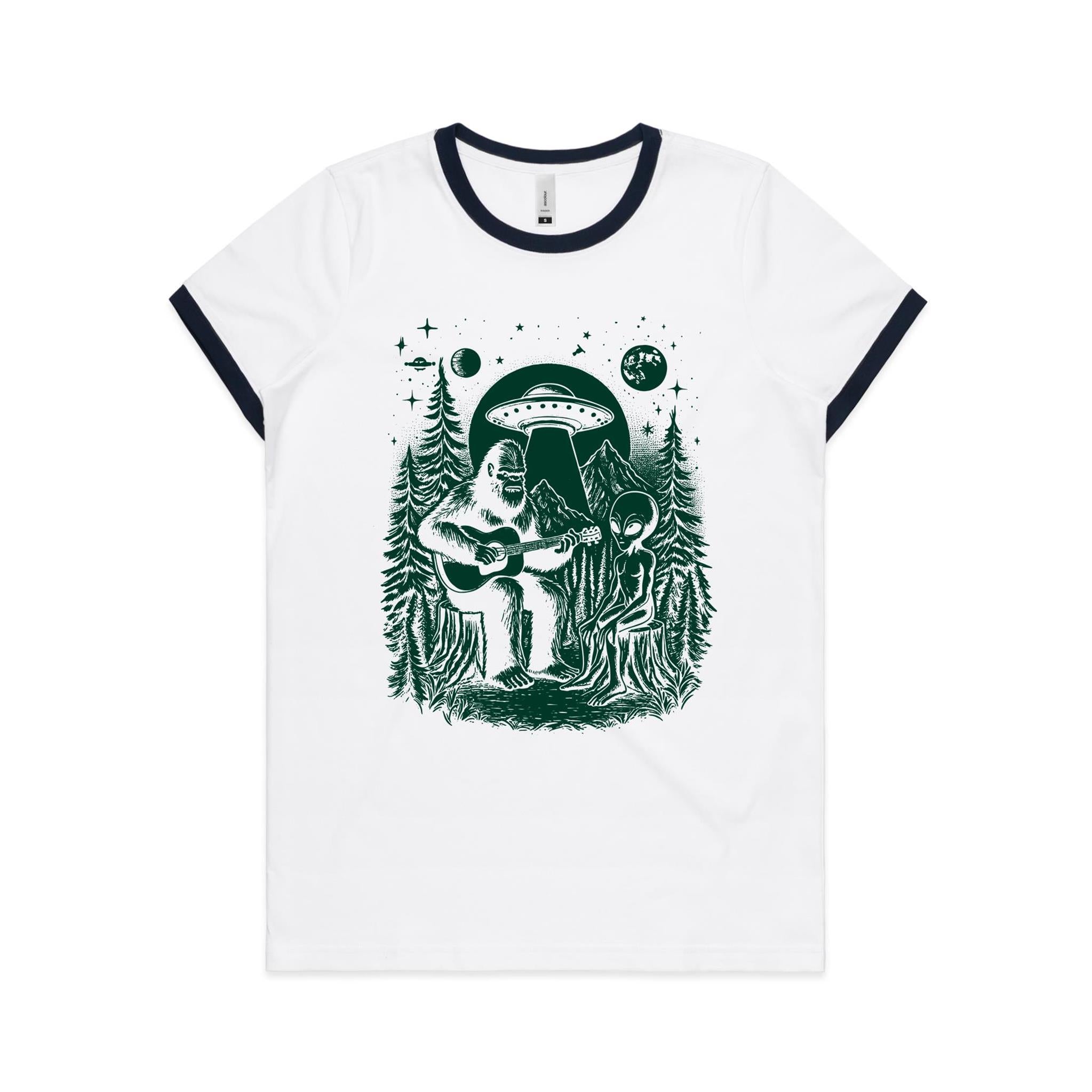 Alien And Bigfoot Playing Guitar - Women's Ringer Tee White Navy Womens Ringer T-shirt Music Printed In Australia Sci Fi