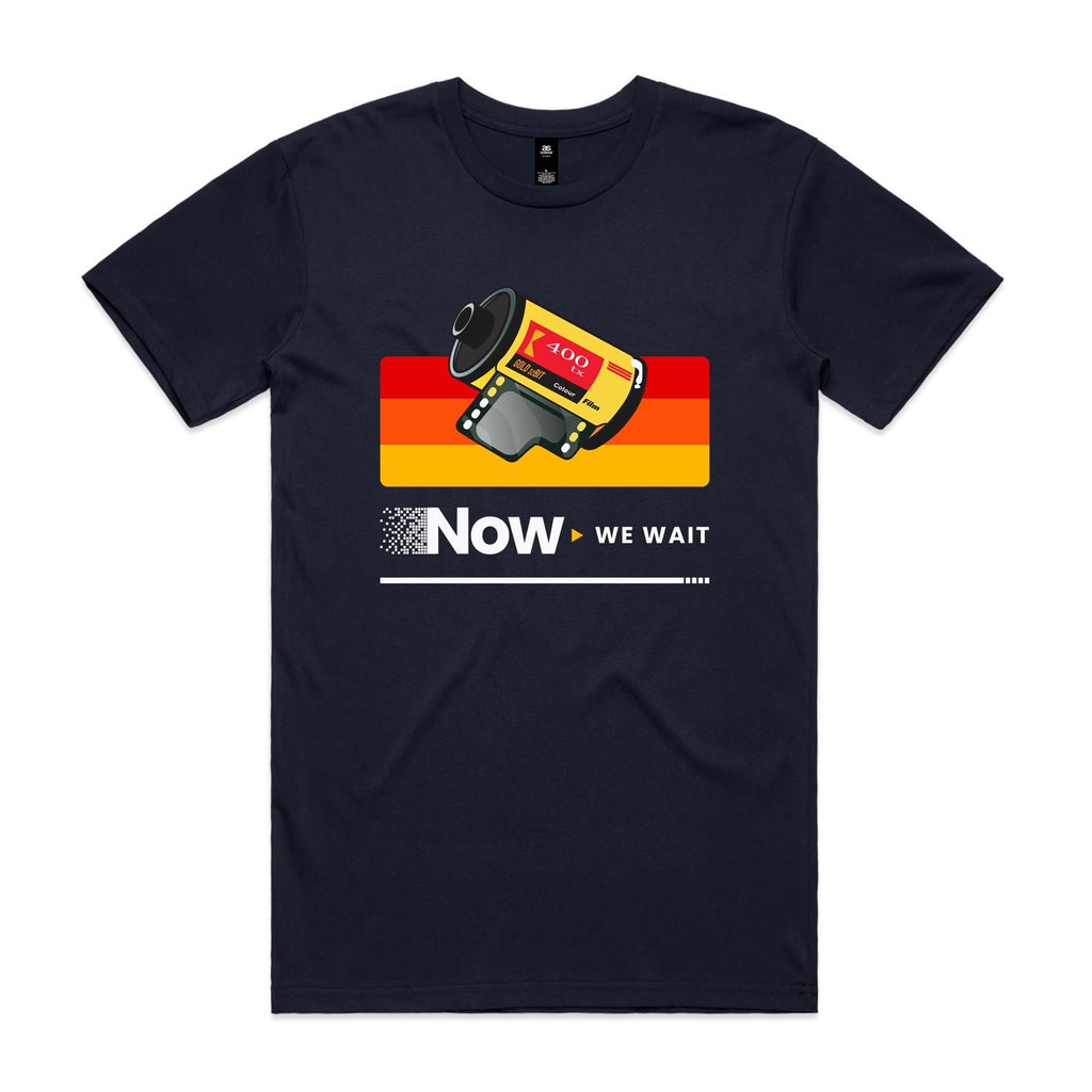 Camera Film, Now We Wait Men's AS Colour T-shirt Navy Mens T-shirt Printed In Australia Retro