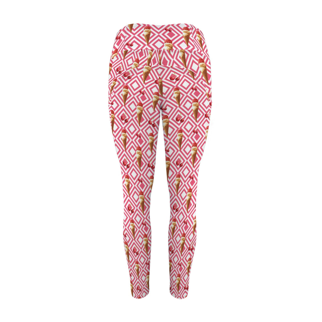 Cherry Ice-cream - Women's High Waist Pockets Yoga Leggings
