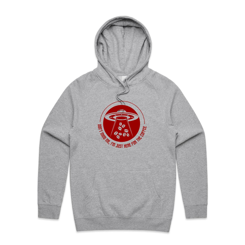 UFO, I'm Just Here For The Coffee - Mens Hoodie Grey Marle Mens Hoodie Coffee Printed In Australia Sci Fi