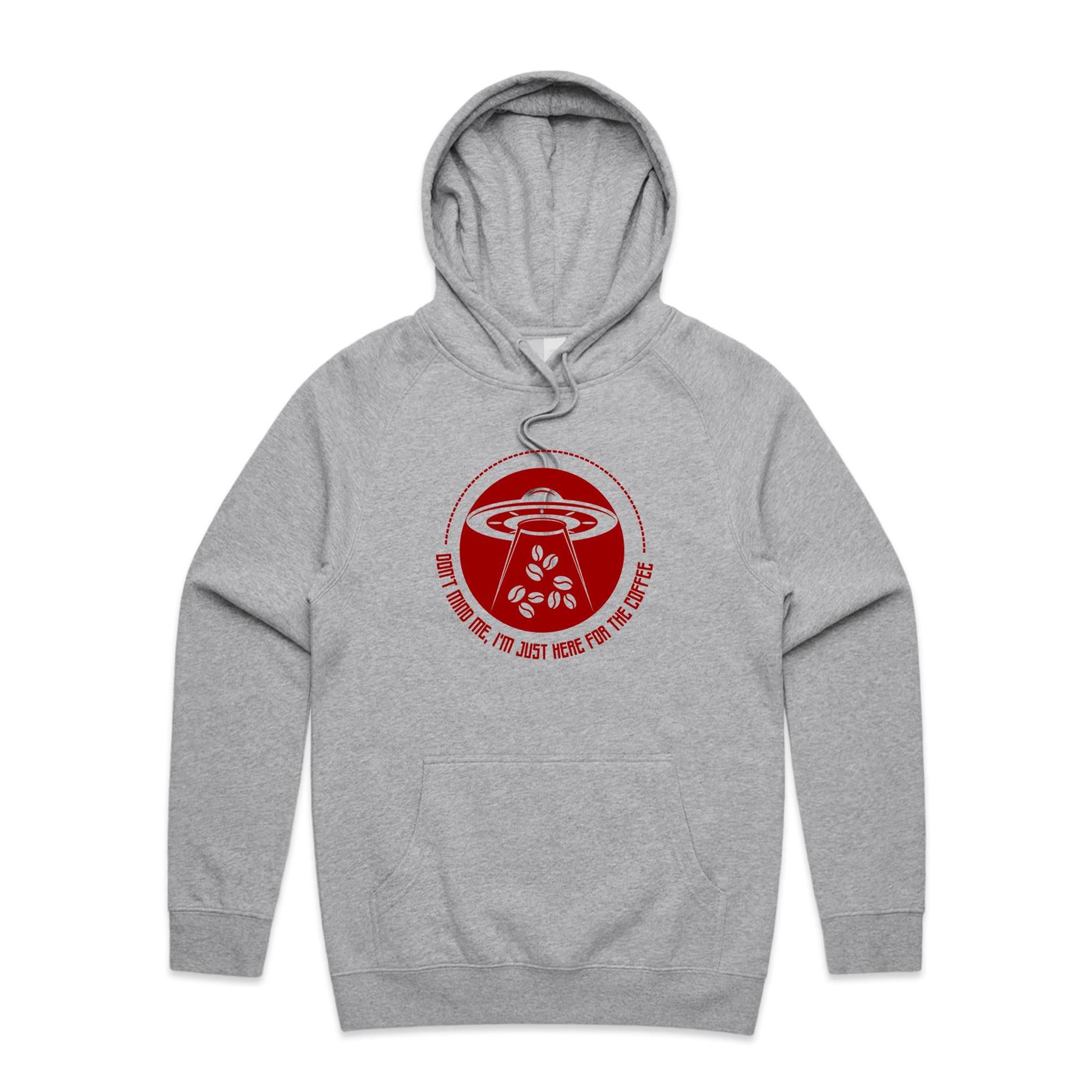 UFO, I'm Just Here For The Coffee - Mens Hoodie Grey Marle Mens Hoodie Coffee Printed In Australia Sci Fi