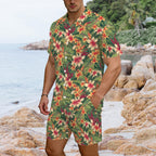 Vintage Hawaiian Floral Men's Hawaiian Shirt & Shorts Set Men's Hawaiian Shirt & Shorts Set Plants Printed Offshore Surf