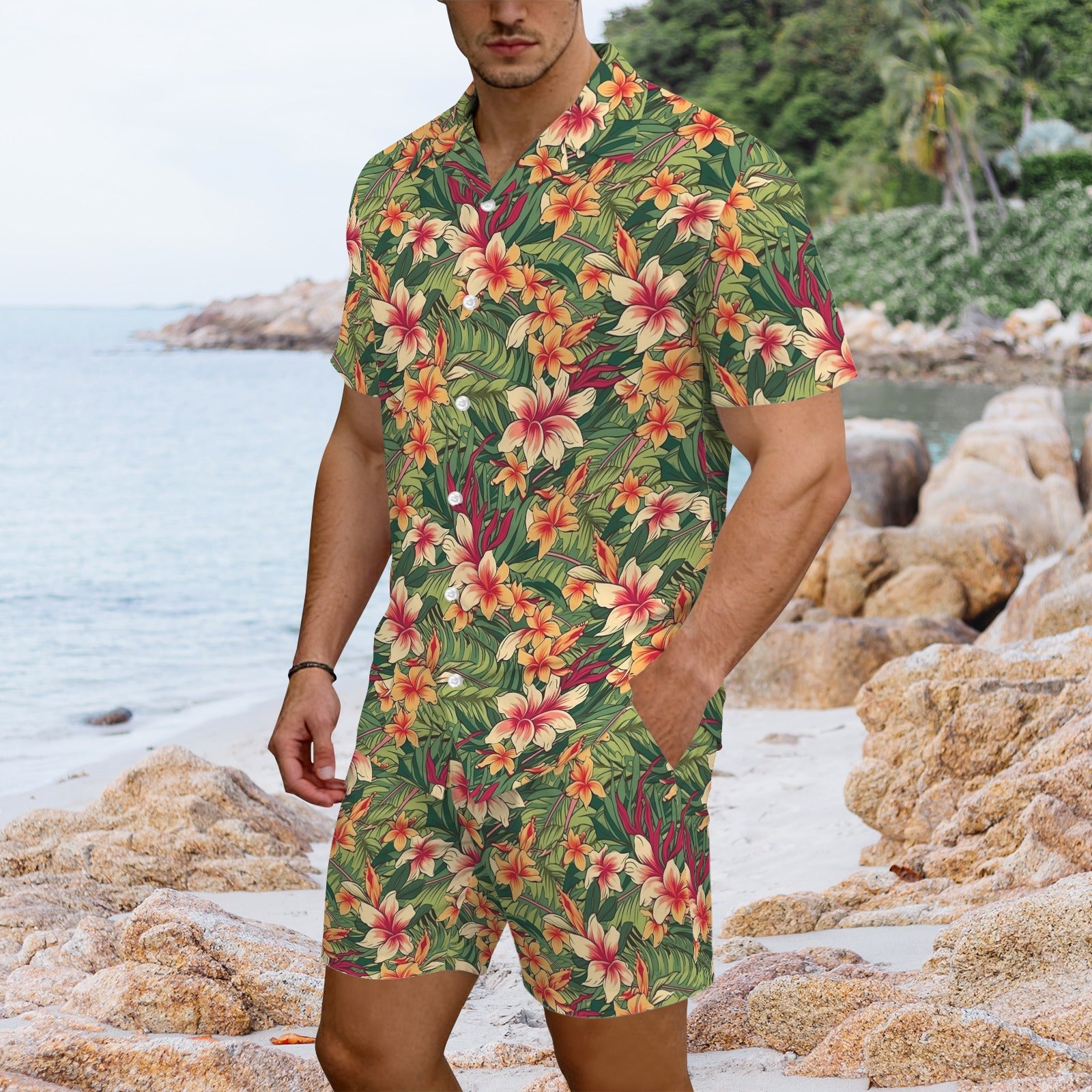 Vintage Hawaiian Floral Men's Hawaiian Shirt & Shorts Set Men's Hawaiian Shirt & Shorts Set Plants Printed Offshore Surf