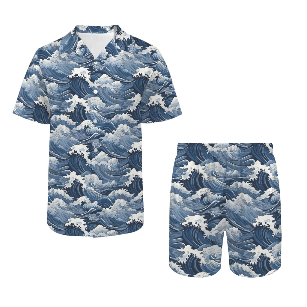 Japanese Waves Men's Hawaiian Shirt & Shorts Set Men's Hawaiian Shirt & Shorts Set Ocean Printed Offshore
