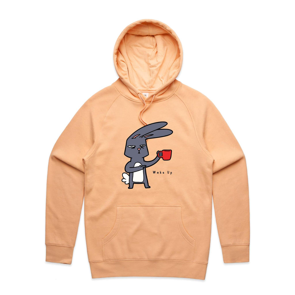 Wake Up, Coffee Rabbit - Mens Hoodie Peach Mens Hoodie animal Coffee Printed In Australia