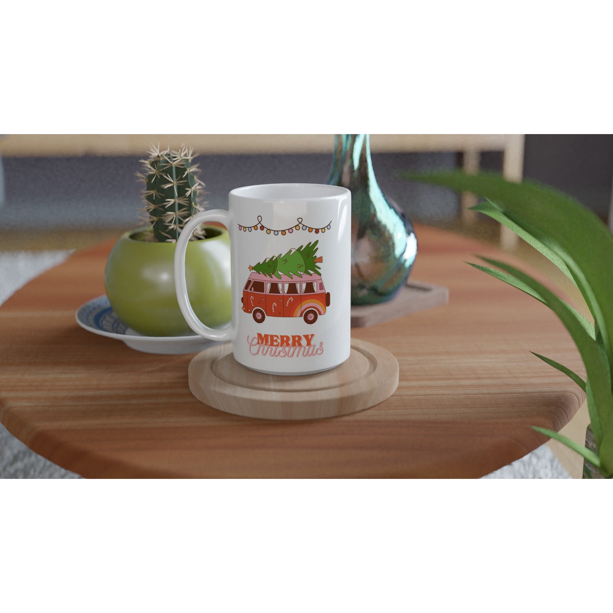 Christmas Tree On Peace Van - White 15oz Ceramic Mug Christmas 15oz Mug Christmas Globally Fulfilled