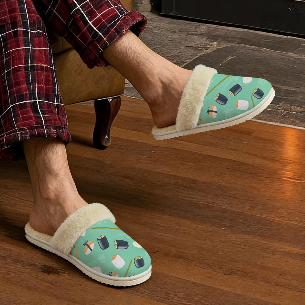 Sushi Men's Fur Trim Thick-Sole Indoor Slippers Men's Fur Trimmed Slippers Food Printed Offshore