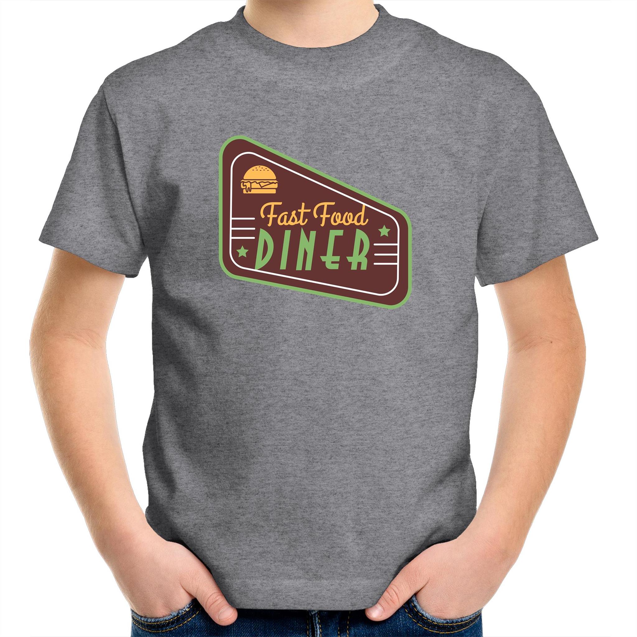 Fast Food Diner Sign - Kids Youth T-Shirt Grey Marle Kids Youth T-shirt Food Printed In Australia Retro