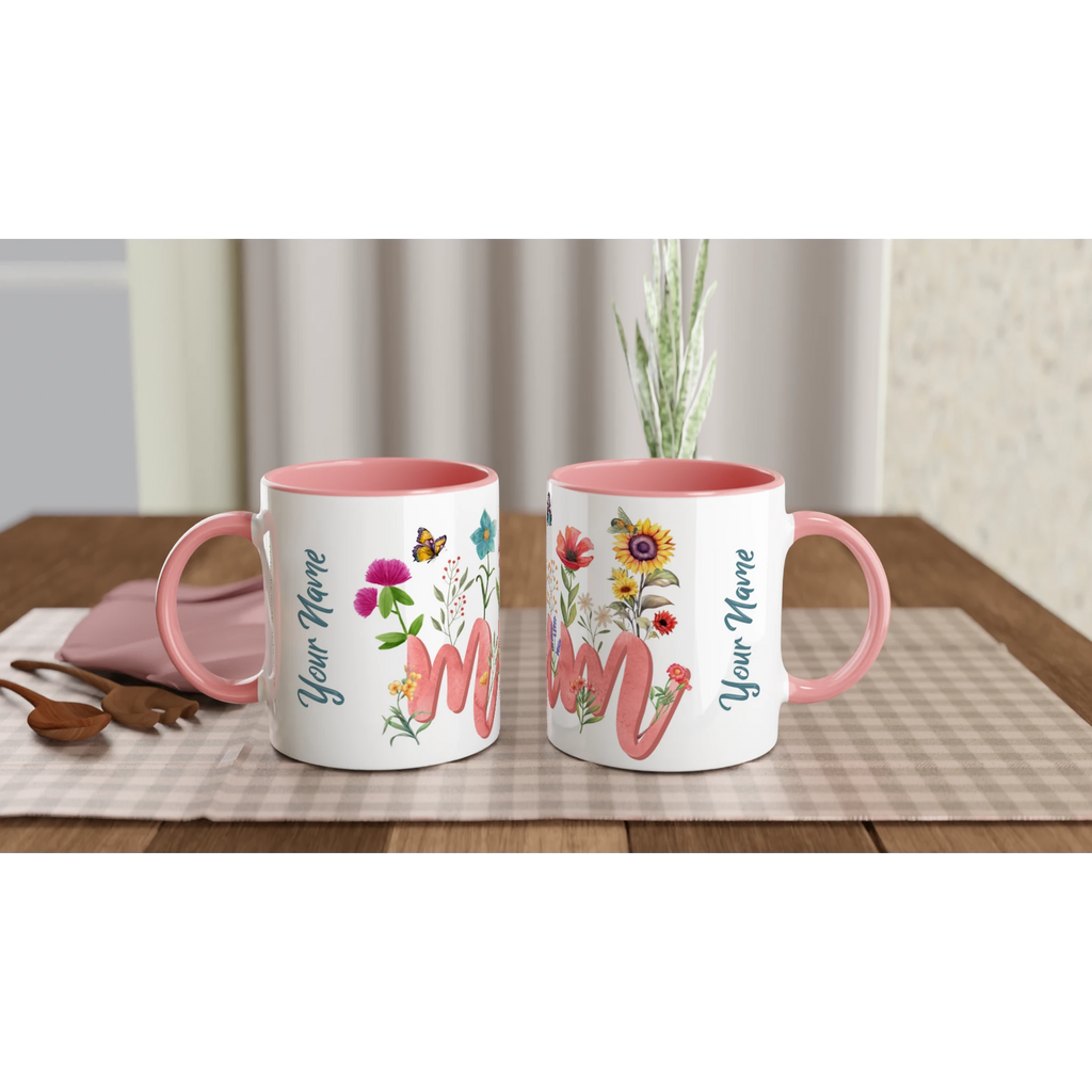 Personalised Mum With Flowers And Butterflies 11oz Ceramic Mug Ceramic Pink Personalised 11oz Mug Globally Fulfilled Mum