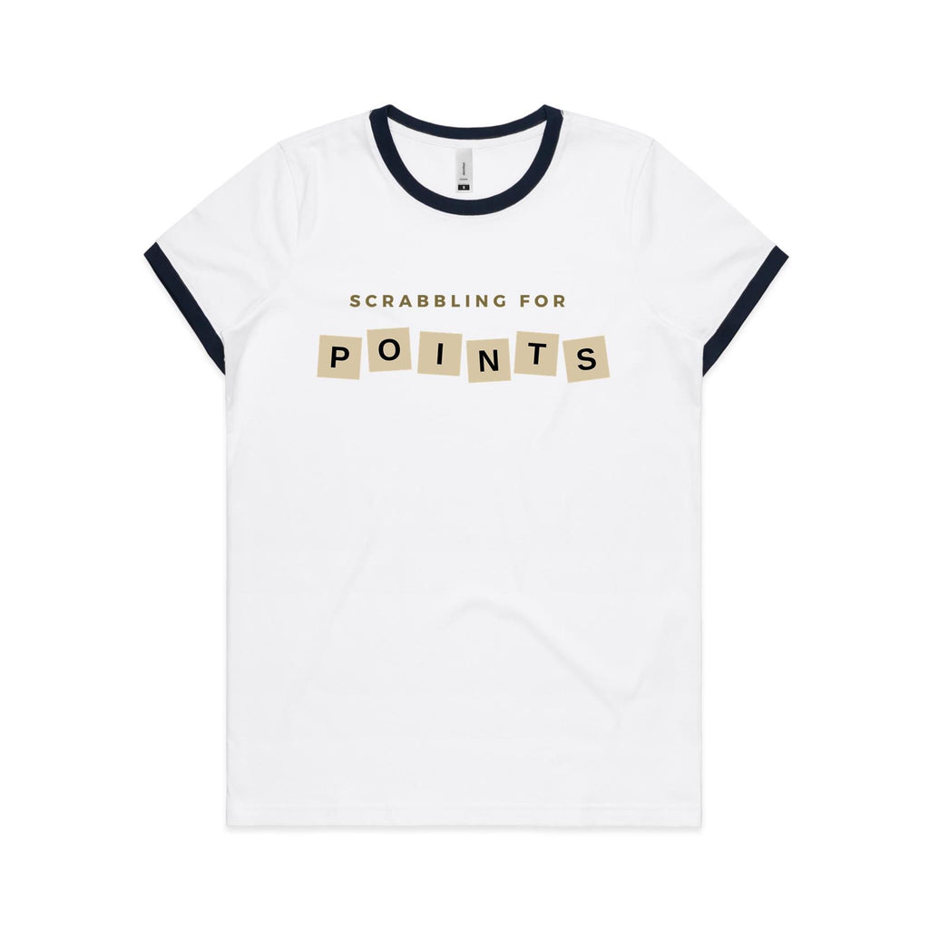 Scrabbling For Points - Women's Ringer Tee White Navy Womens Ringer T-shirt Games Printed In Australia