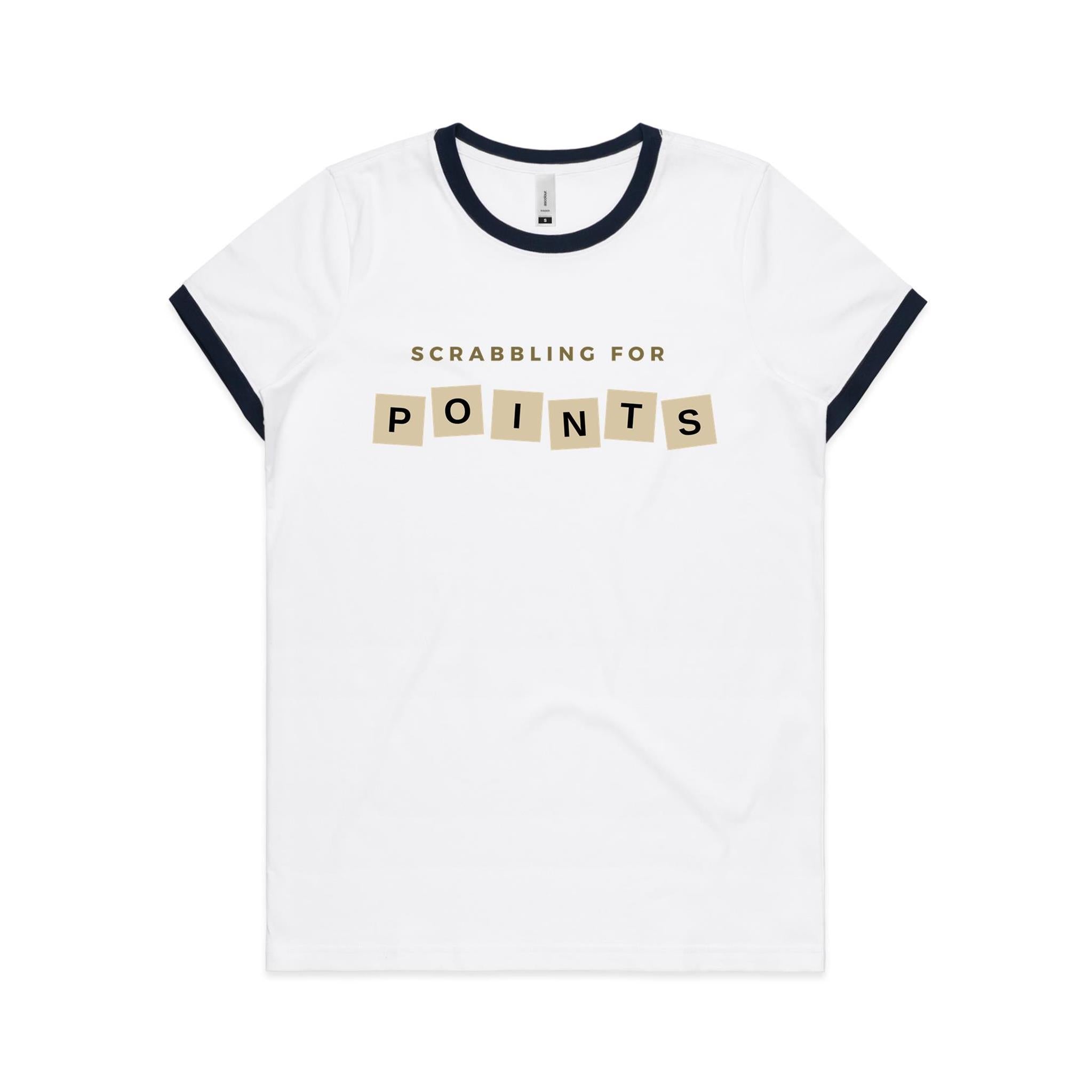 Scrabbling For Points - Women's Ringer Tee White Navy Womens Ringer T-shirt Games Printed In Australia