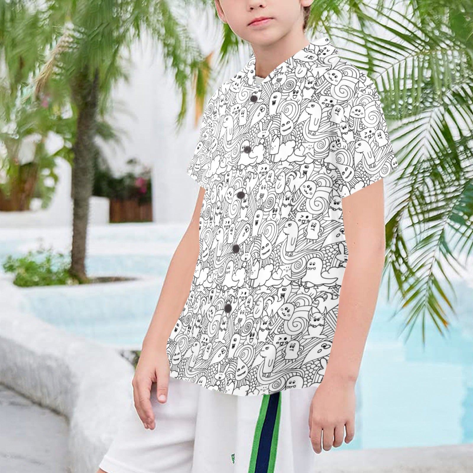Black And White Creatures Senior Kids Hawaiian Shirt Senior Kids Hawaiian Shirt 8-15 Printed Offshore Sci Fi
