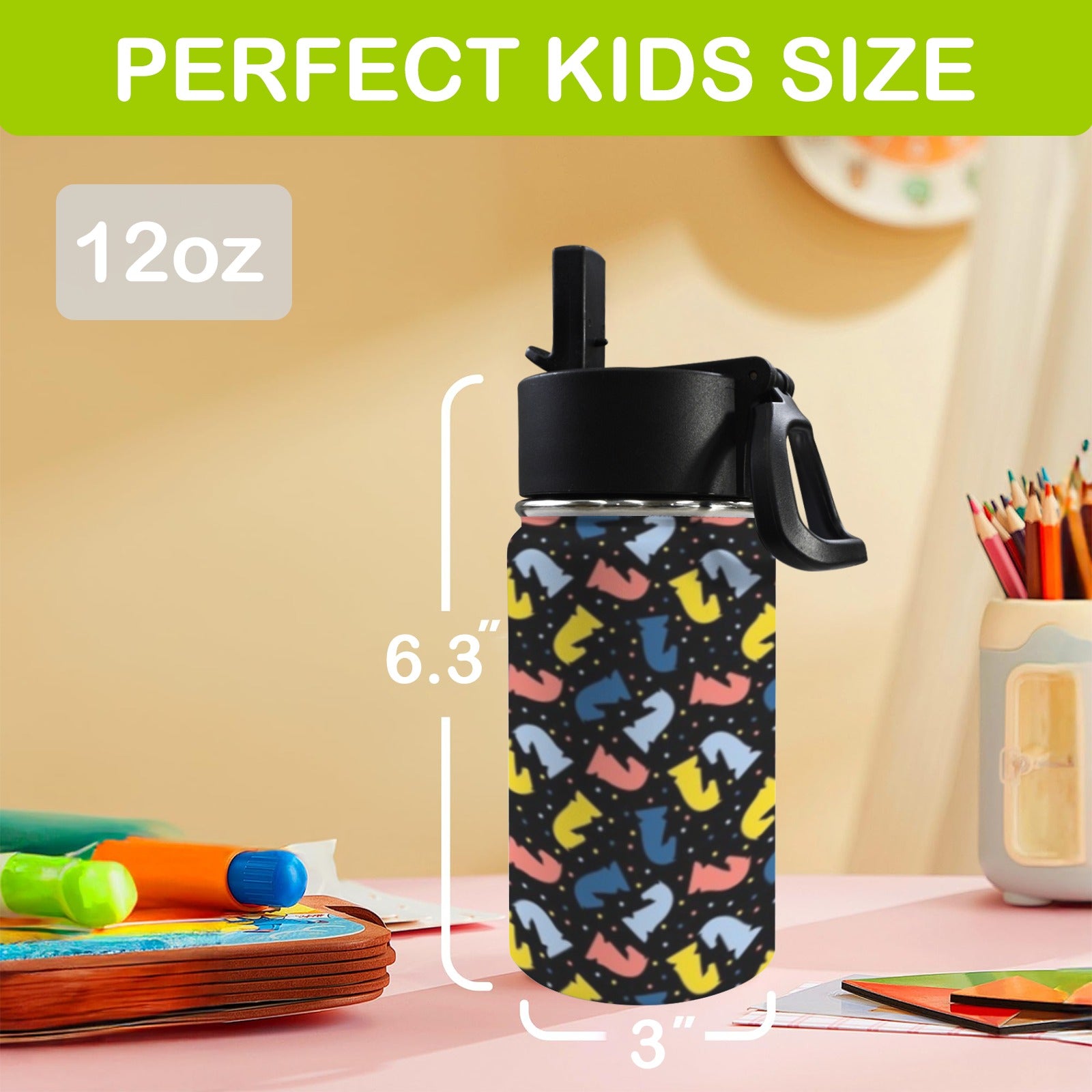Colourful Chess Pattern 12oz Kids Water Bottle with Straw Lid
