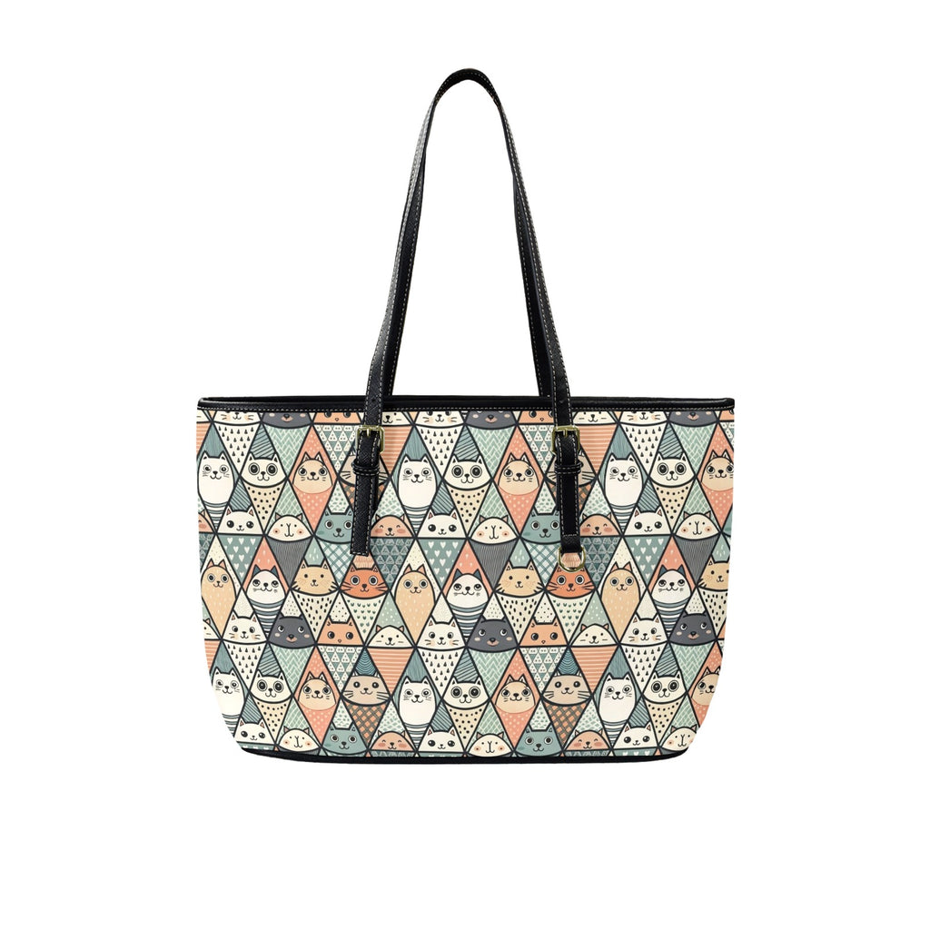 Diamond Cat Pattern - Leather Tote Bag-Large