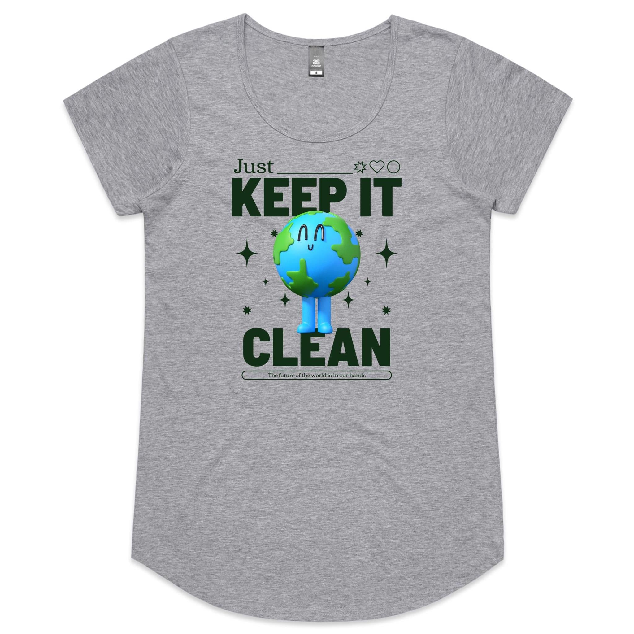 Earth, Just Keep It Clean - Womens Scoop Neck T-Shirt Grey Marle Womens Scoop Neck T-shirt Environment Printed In Australia